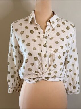 Zara White Cropped Twist-Front Button Shirt with Olive Polka Dots